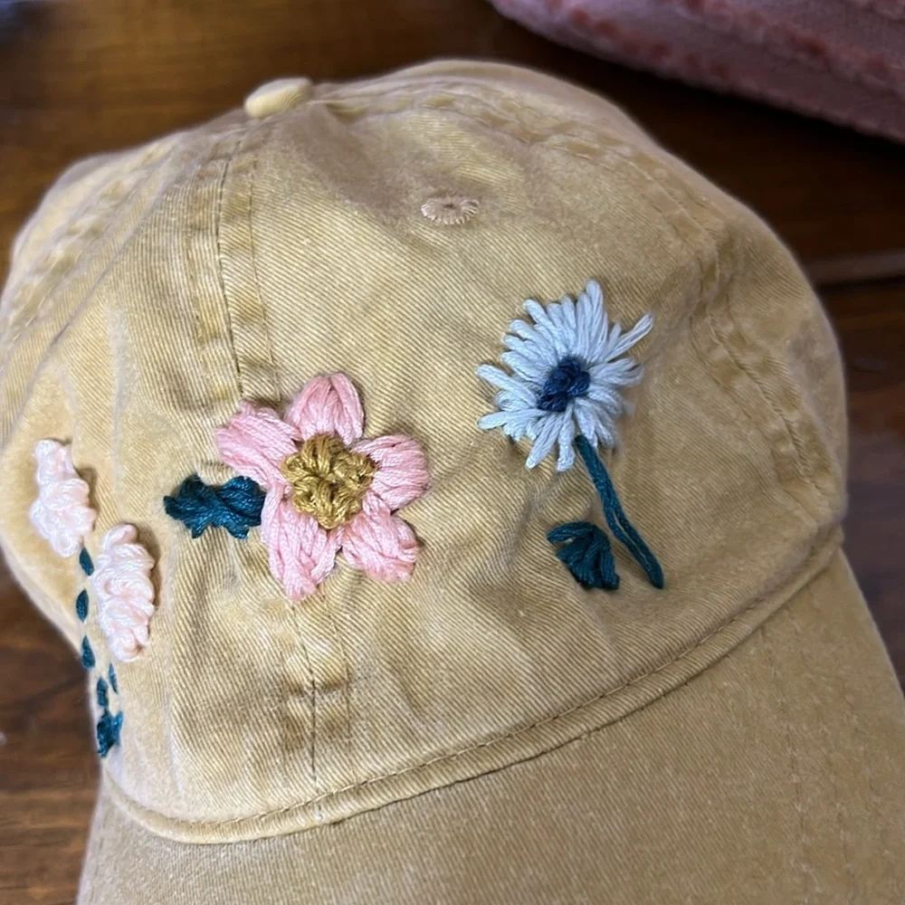 Hand Embroidered Floral Mustard Yellow‎ Ball Cap- OS